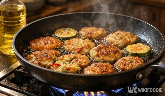 높은 온도에서도 안정적으로 전을 익히는 카놀라유 조리 장면이다. / 위키푸디