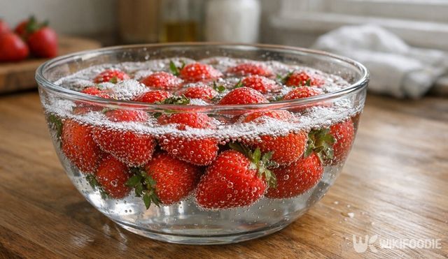 베이킹소다 물에 딸기를 잠시 담가 세척하고 있다. / 위키푸디