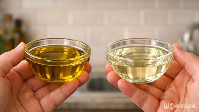 한 손에는 올리브유, 다른 손에는 카놀라유를 든 비교 장면이다. / 위키푸디