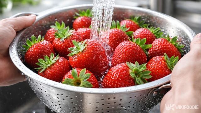 꼭지를 떼지 않은 딸기를 그대로 씻고 있다. / 위키푸디