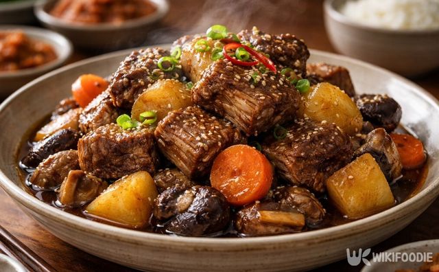 윤기 도는 갈비찜이 도자기 그릇에 담겨 상 위에 놓여 있다. / 위키푸디