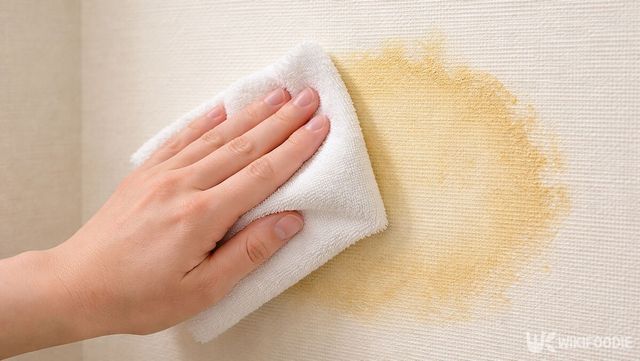 벽지 얼룩에 베이킹소다를 묻힌 수건을 대고 있다. / 위키푸디