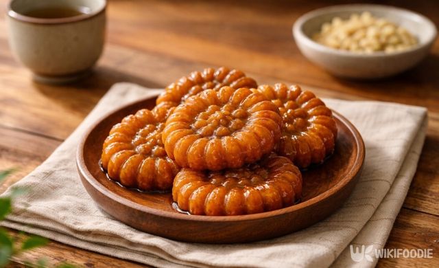 약과가 나무 쟁반 위에 차려져 있다. / 위키푸디