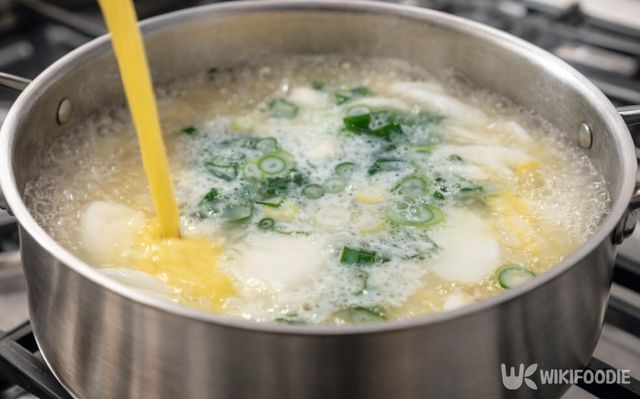 계란물을 끓는 떡국에 천천히 붓고 있다. / 위키푸디