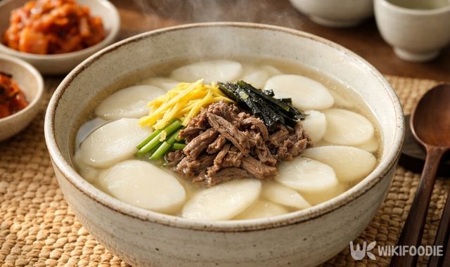 얇게 썬 떡이 들어간 떡국이 국물과 함께 그릇에 담겨 있다. / 위키푸디