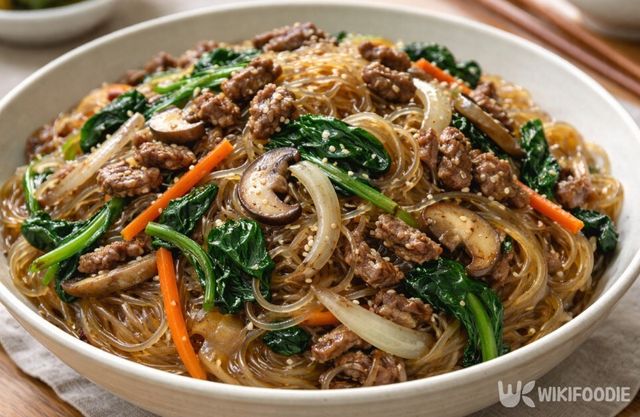 당면과 채소가 어우러진 잡채가 큰 그릇에 수북이 담겨 있다. / 위키푸디