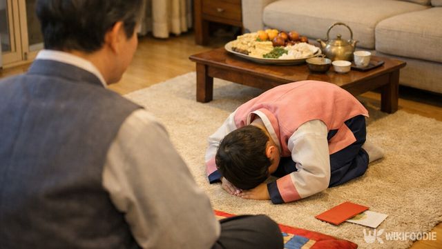 한복을 입은 아이가 어른에게 세배를 올리고 있다. / 위키푸디