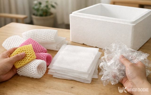 과일 보호용 완충재를 재질별로 분리하고 있다. / 위키푸디