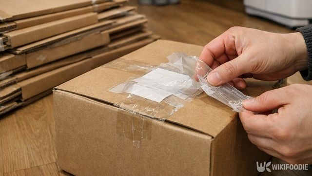 설 선물 택배 상자에서 송장 스티커를 떼어내고 있다. / 위키푸디