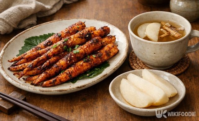 도라지차와 더덕구이 사진이다. / 위키푸디