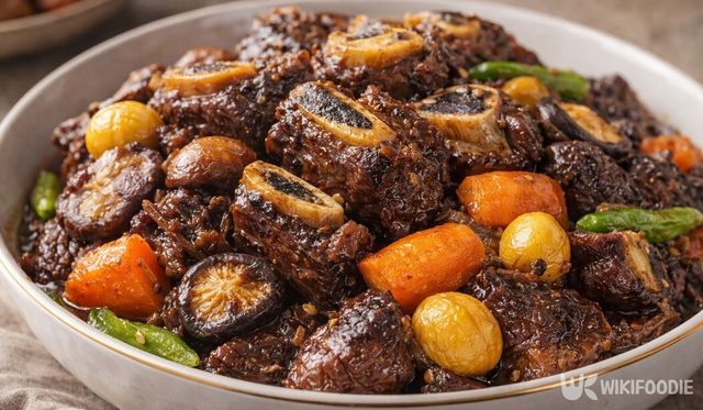 갈아 만든 배 양념이 배어 윤기 있게 완성된 소갈비찜 한 그릇이다. / 위키푸디