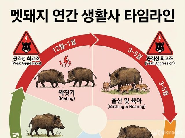 멧돼지의 연간 생활사 타임라인이다. / 위키푸디