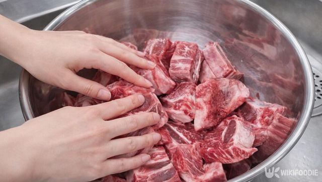 냉장 해동한 소갈비를 흐르는 물에 씻어 초벌 준비하는 과정이다. / 위키푸디