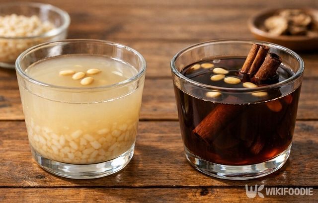 유리컵에 담긴 식혜와 수정과가 놓여 있다. / 위키푸디