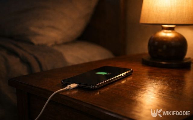 머리맡에서 충전 중인 스마트폰이 어둠 속에 놓여 있다. / 위키푸디