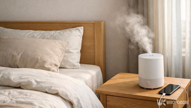 가습기와 스마트폰이 놓인 침실 전경이다. / 위키푸디