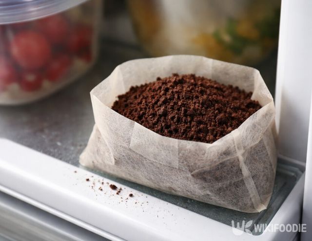 말린 커피 찌꺼기를 종이컵에 담아 냉장고에 두었다. / 위키푸디