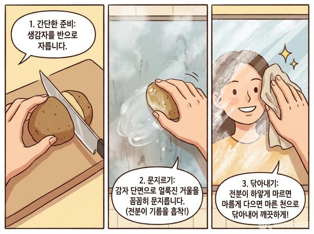 싹 난 감자로 거울 닦는 순서 삽화. / 위키푸디