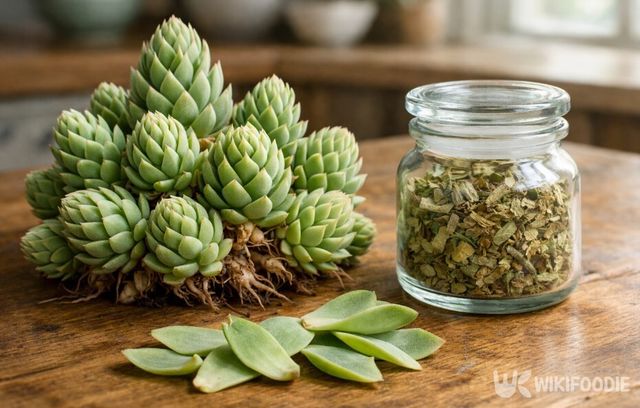 생 와송과 건조 와송을 나란히 놓은 모습이다. / 위키푸디