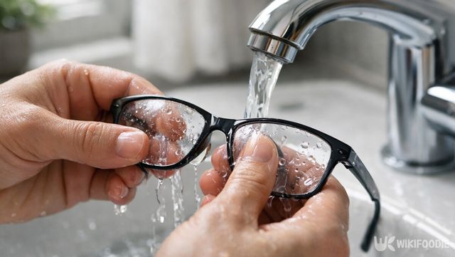 흐르는 물에 안경을 세워 헹궈 물방울을 자연스럽게 흘려보내는 장면이다. / 위키푸디