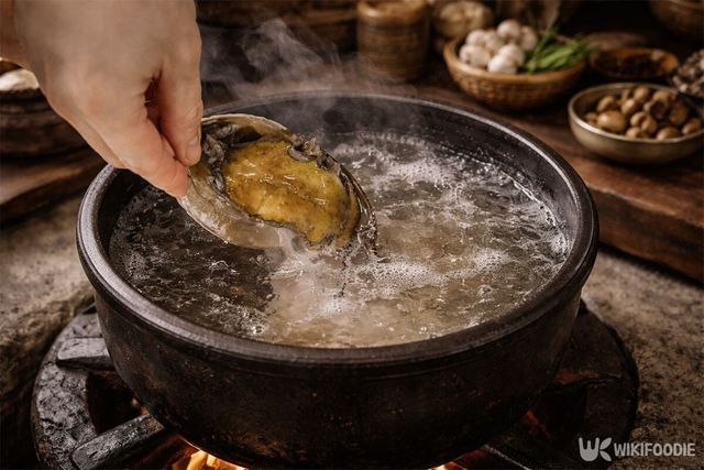 끓는 물에 전복을 넣고 있다. / 위키푸디