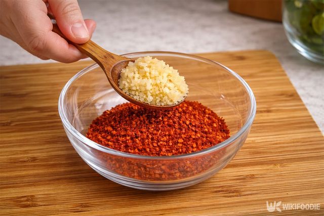 볼에 양념 재료를 넣고 있다. / 위키푸디