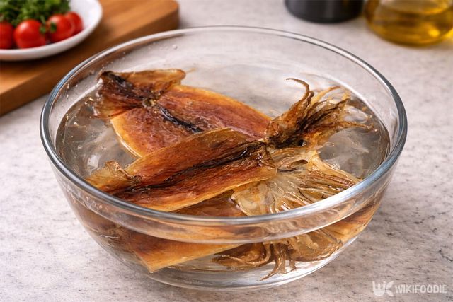 마른오징어를 물에 불리고 있다. / 위키푸디