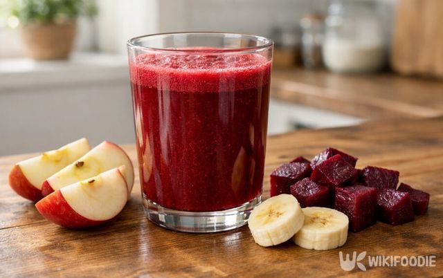 사과와 함께 갈아 만든 비트 주스 한 잔이 식탁 위에 놓여 있다. /&nbsp;위키푸디
