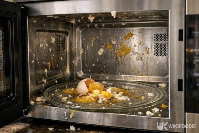 전자레인지 안에서 껍질째 달걀이 터진 모습. / 위키푸디
