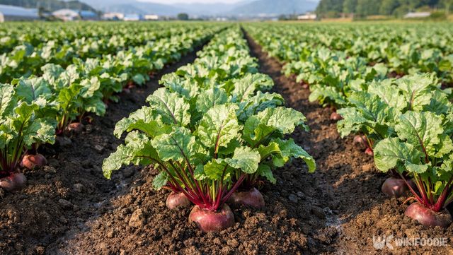 밭에서 자라고 있는 비트 잎 사이로 붉은 뿌리 윗부분이 보인다. / 위키푸디