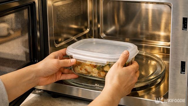 전자레인지 전용 용기를 넣고 가열 준비를 하는 모습. / 위키푸디