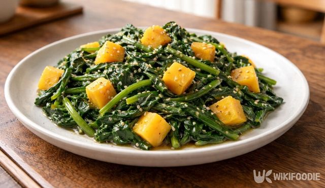 찐 고구마를 곁들인 시금치 샐러드다. / 위키푸디