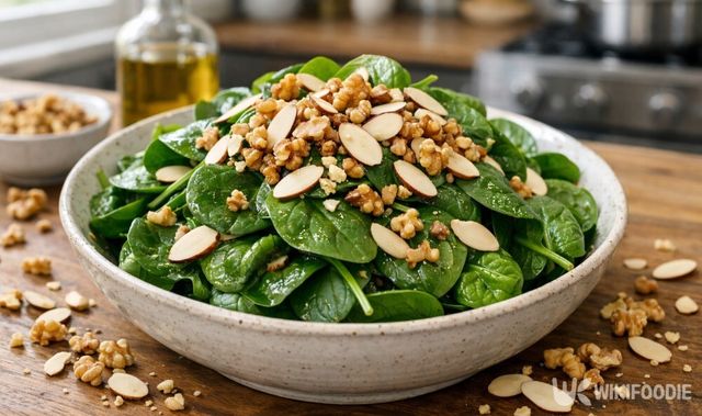 아몬드와 호두 분태가 시금치 요리 옆에 담겨 있다. / 위키푸디