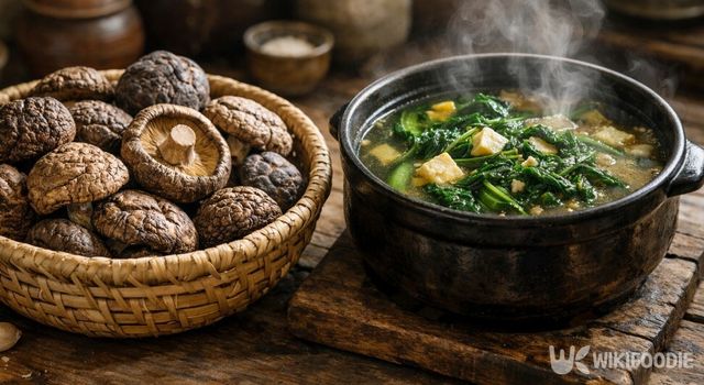 햇볕에 말린 표고버섯이 바구니에 담겨 있다. / 위키푸디