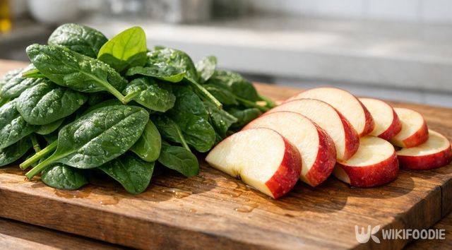 슬라이스한 사과와 시금치 잎이 접시에 담겨 있다. / 위키푸디