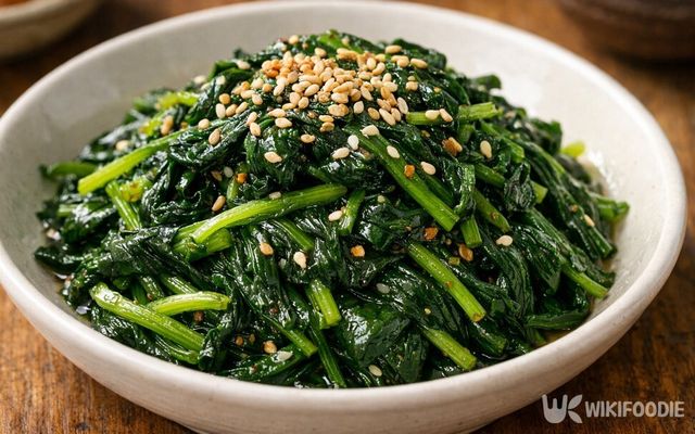 고소하게 볶은 참깨가 시금치 나물 위에 뿌려져 있다. / 위키푸디