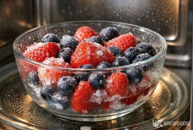 전자레인지 해동으로 표면만 녹은 냉동 과일. / 위키푸디