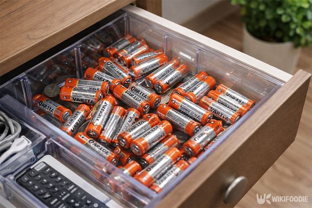플라스틱 상자에 건전지를 담아 서랍에 보관 중이다. / 위키푸디