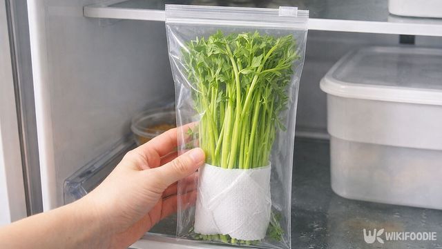 미나리를 지퍼백에 넣어 냉장고에 넣고 있다. / 위키푸디