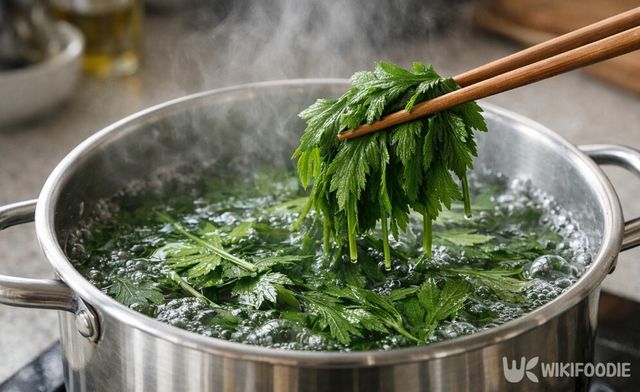 소금을 넣은 끓는 물에 삽주를 데치는 과정이다. / 위키푸디