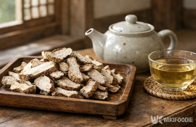 말린 삽주 뿌리와 달여낸 차 모습이다. / 위키푸디