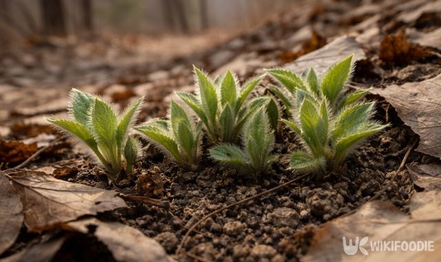 산자락에서 낙엽을 밀어 올리며 자라는 삽주 어린순 모습이다. / 위키푸디