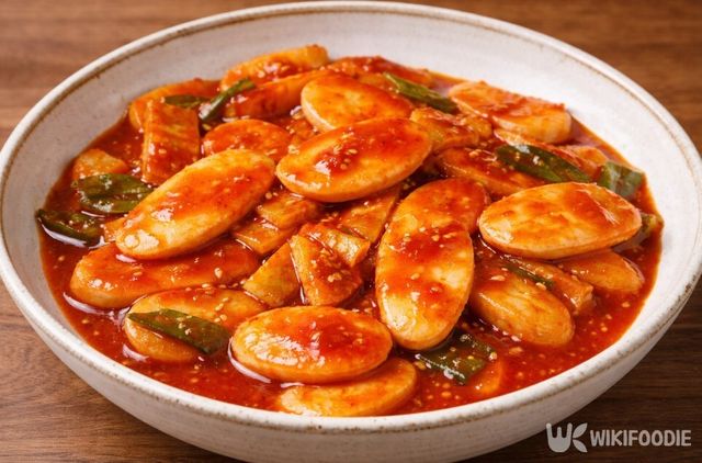 멸치 육수로 끓여 윤기 있게 완성된 떡국떡 떡볶이. / 위키푸디
