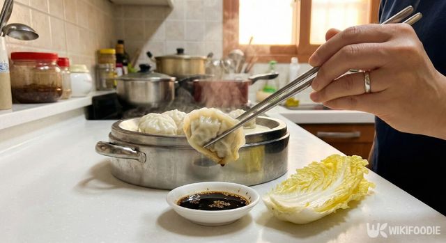 맛있게 익은 만두를 간장에 찍어 먹고 있다. /&nbsp;위키푸디