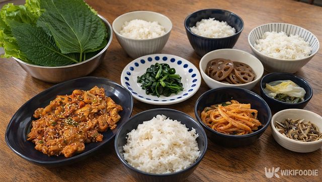 제육볶음과 쌈 채소, 각종 반찬이 식탁에 놓여 있다. / 위키푸디