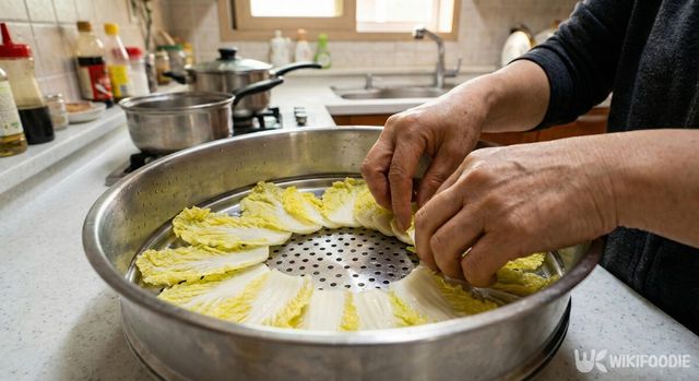 찜기에 알배추를 까는 모습. / 위키푸디