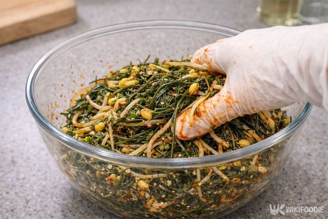 톳과 콩나물, 양념을 한데 넣고 무치고 있다. / 위키푸디