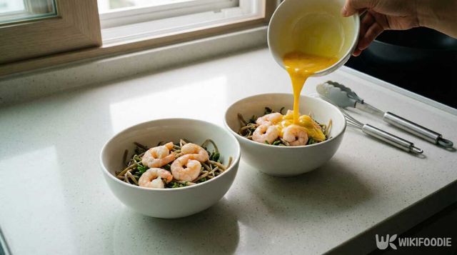 새우와 세발나물을 그릇에 담고 계란을 넣는 모습. / 위키푸디