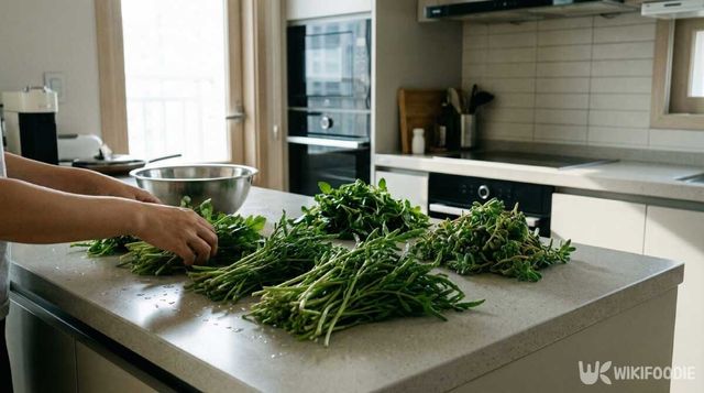 세발나물을 손질하는 모습. / 위키푸디