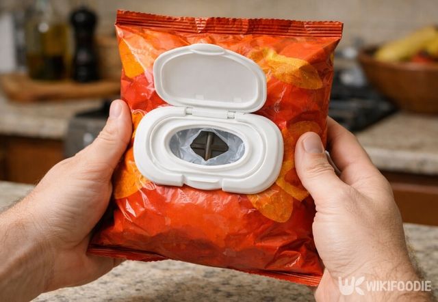 과자 봉지에 캡을 붙여 여닫이 입구로 활용한 모습이다. / 위키푸디